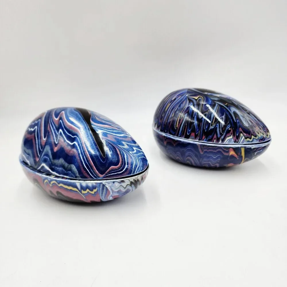 Vintage 2 Grazia Deruta Blue Swirl Pottery Egg Shape Ceramic Trinket Boxes Rare